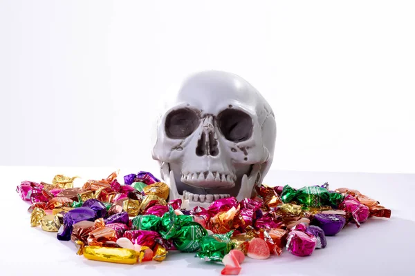 Composition Halloween Laughing Skull Trick Treat Sweets White Background Halloween — Stock Photo, Image