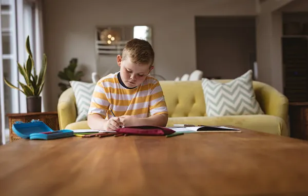 Biały Chłopiec Rysujący Swojej Książce Siedzący Salonie Domu Koncepcja Dzieciństwa — Zdjęcie stockowe