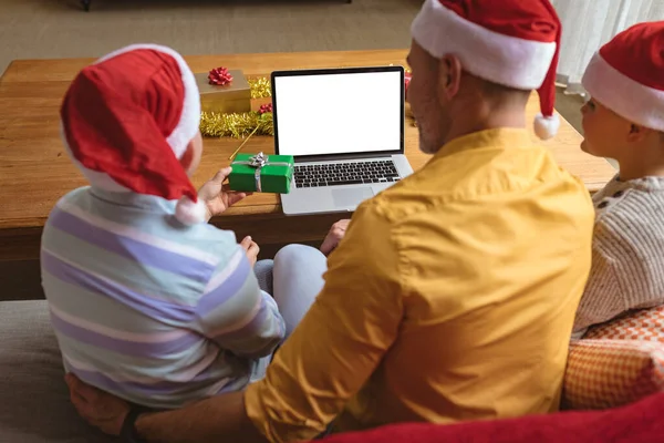 Caucasian Father Two Sons Showing Christmas Gifts Video Call Laptop — Stock Photo, Image