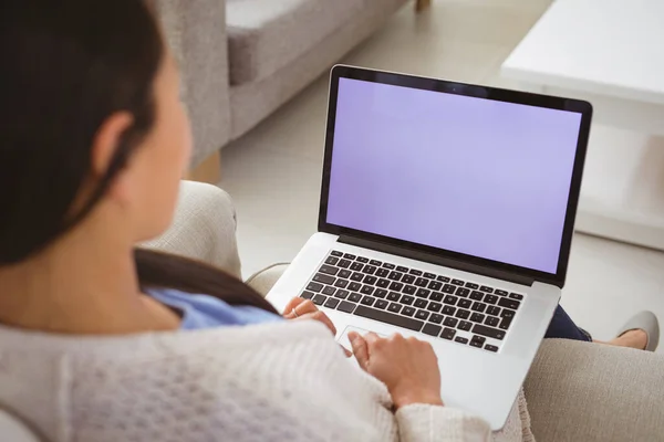 Back View Asian Woman Working Remotely Home Laptop Copy Space — Stock Photo, Image