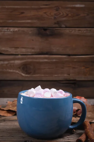 Fehér Rózsaszín Mályvacukor Forró Csokoládé Ital Másolási Hely Háttér Kávézó — Stock Fotó