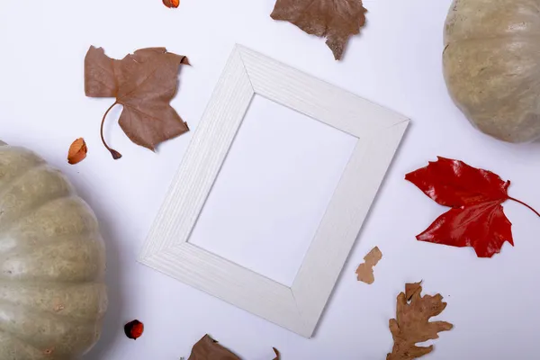 Citrouille Feuilles Automne Cadre Vide Avec Espace Copie Sur Surface — Photo