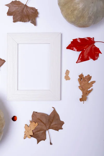 Pompoen Herfstblad Leeg Frame Met Kopieerruimte Wit Oppervlak Herfst Seizoen — Stockfoto