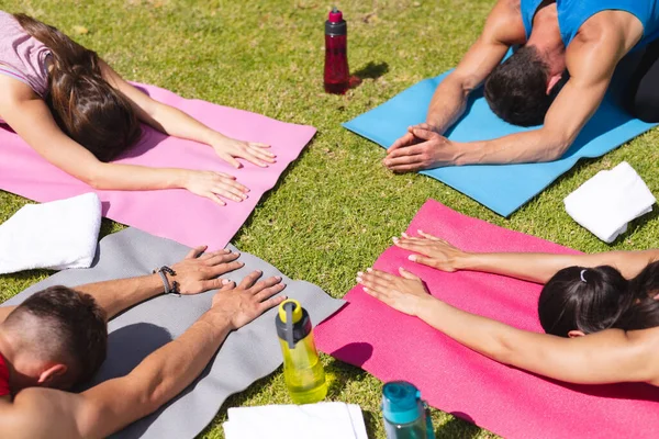 Hombres Mujeres Practicando Yoga Colchonetas Ejercicio Parque Yoga Estilo Vida —  Fotos de Stock