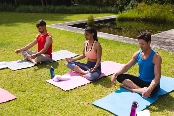 Hombres Mujeres Ropa Deportiva Meditando Colchonetas Ejercicio Parque Yoga Estilo —  Fotos de Stock
