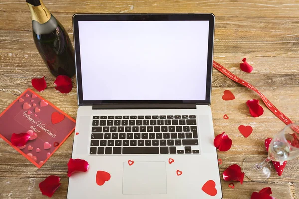 Blank Screen Laptop Copy Space Champagne Bottle Rose Petals Table — 스톡 사진