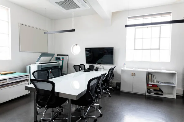 Interior Modern Board Room Conference Table Swivel Chairs Copy Space — Stock Photo, Image