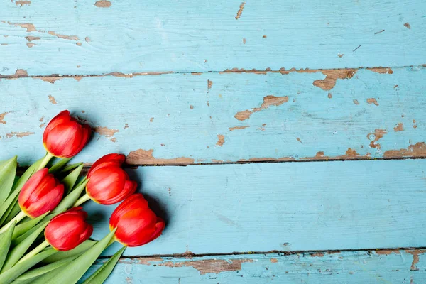 Directly Shot Fresh Red Tulips Wooden Table Copy Space Valentine — Stock Photo, Image