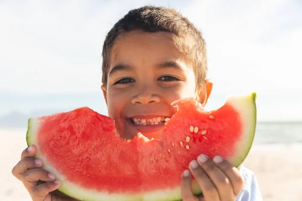 Portrait Smiling Cute Biracial Boy Holding Large Fresh Watermelon Slice — Stock Photo, Image