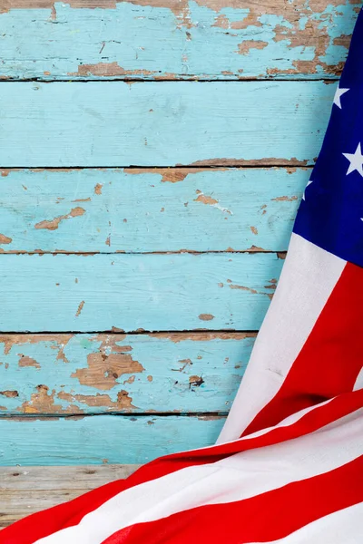 带有复制空间的蓝色旧木墙上的Usa国旗 独立日 国旗和爱国主义 — 图库照片
