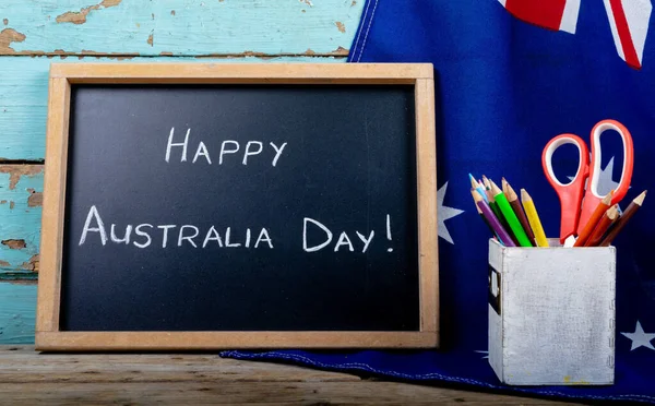 Writing Slate Happy Australia Day Text Desk Organizer Flag Table — Stock Photo, Image