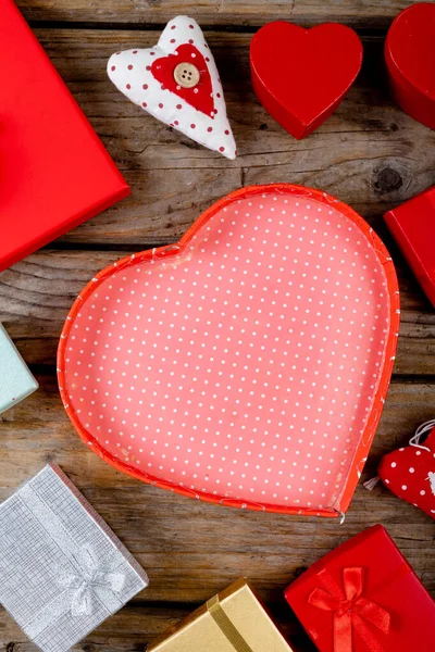 Close Various Valentine Gifts Wooden Table Copy Space Valentine Day — Stock Photo, Image