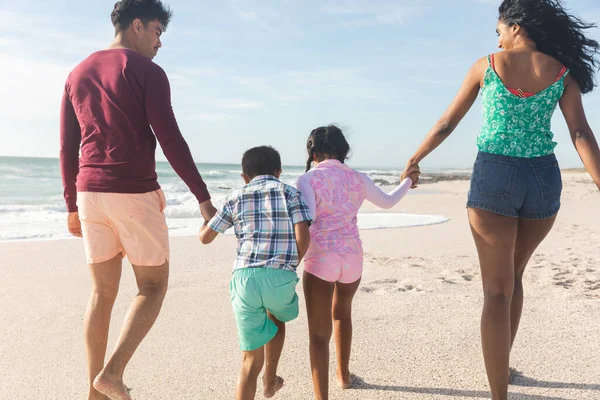 Vista Trasera Padres Biraciales Tomados Mano Con Niños Caminando Sobre —  Fotos de Stock