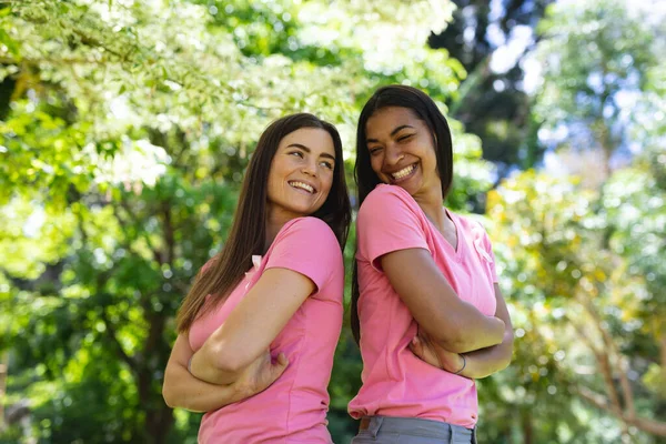 快乐的多种族女性朋友 手挽手 手挽手 在公园里佩戴乳腺癌认知带 乳腺癌宣传运动 友谊和团结概念 — 图库照片