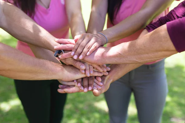 Multiracial Men Women Stacking Hands Breast Cancer Awareness Campaign Park — Stock Photo, Image