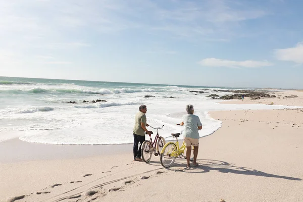 Full Length Rear View Multiracial Senior Couple Bikes Shore Beach — Stock Photo, Image