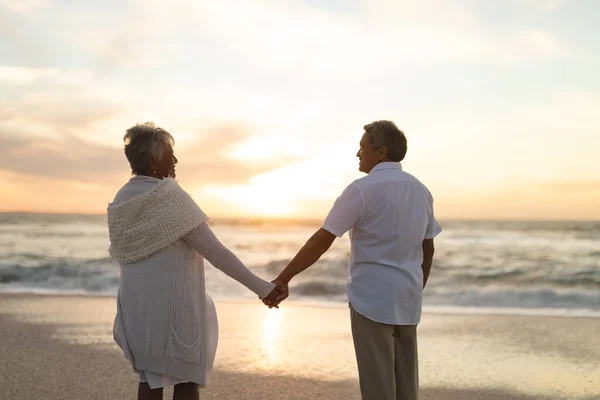 海岸に立っている間 手を取り合っている多人種のシニアカップルの背面ビュー ライフスタイル愛週末 — ストック写真