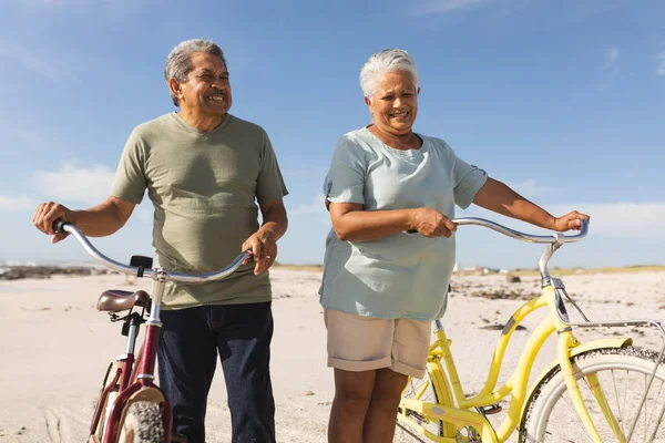 Glad Multiracial Senior Par Stående Med Cyklar Stranden Mot Himlen — Stockfoto