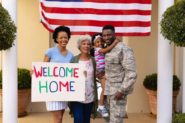 Portrait Happy African American Soldier Celebrating Soldier Return Placard Entrance — Stock Photo, Image