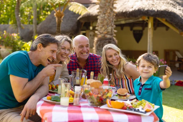 Cheerful Caucasian Three Generation Family Taking Selfie Smartphone Garden Family — Stock Photo, Image