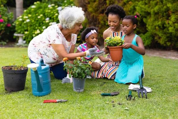 Afro Amerikaanse Senior Vrouw Onderwijst Tuinieren Aan Kleinkinderen Dochter Achtertuin — Stockfoto