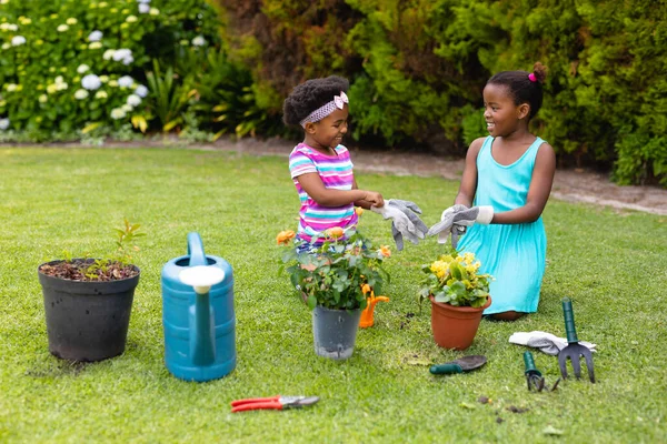 아프리카 미국인 자매들은 정원에서 식물에 장갑을 무릎을 웃는다 변화되지 — 스톡 사진