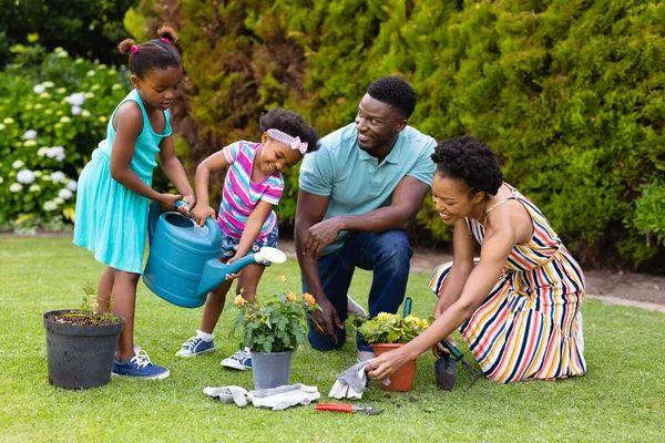 Heureuse Famille Afro Américaine Arrosant Les Plantes Ensemble Dans Jardin — Photo