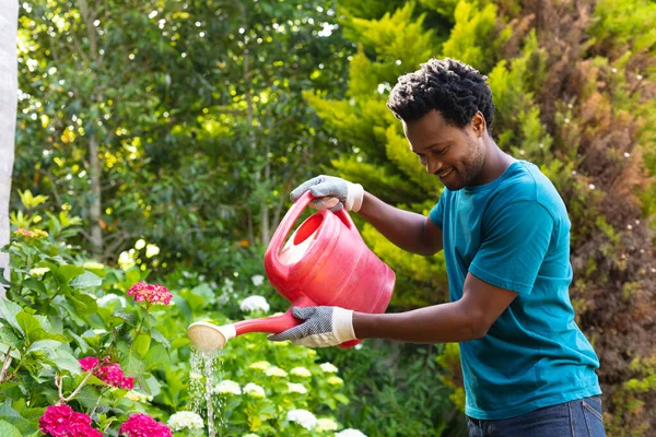Sonriente Joven Afroamericano Hombre Riego Plantas Con Flores Patio Trasero —  Fotos de Stock