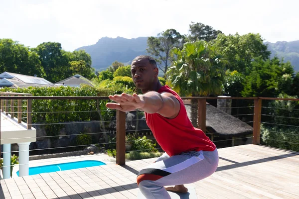 Active African American Man Practicing Yoga Terrace Sunny Day People — Stock Photo, Image