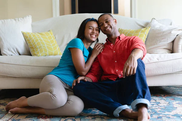 Full Length Portrait Smiling Young African American Couple Sitting Together — Stock Photo, Image