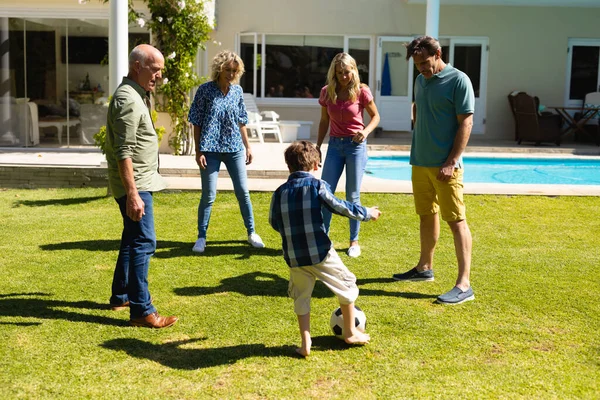 Caucasian Three Generation Family Playing Football Together Garden Family Sport — Stock Photo, Image