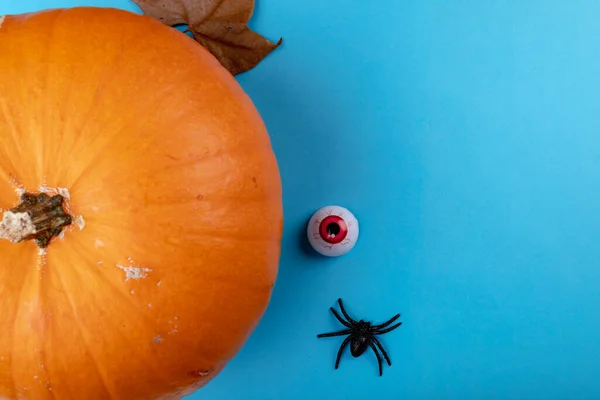 Composição Decoração Halloween Com Abóbora Aranha Espaço Cópia Fundo Azul — Fotografia de Stock