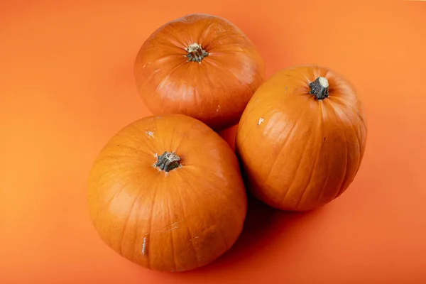Sammansättning Halloween Dekoration Med Pumpor Och Kopiera Utrymme Orange Bakgrund — Stockfoto