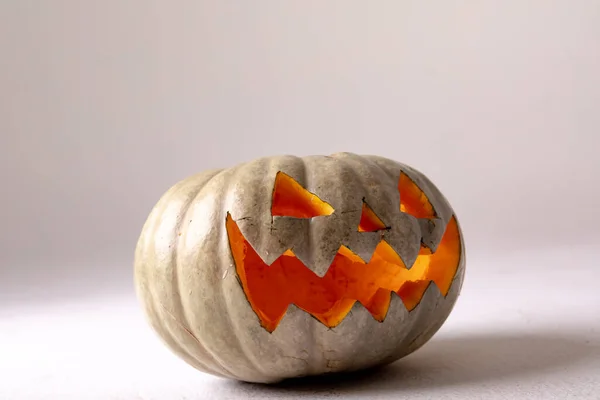 Kompozycja Halloween Jack Latarni Miejsca Kopiowania Szarym Tle Horror Strach — Zdjęcie stockowe