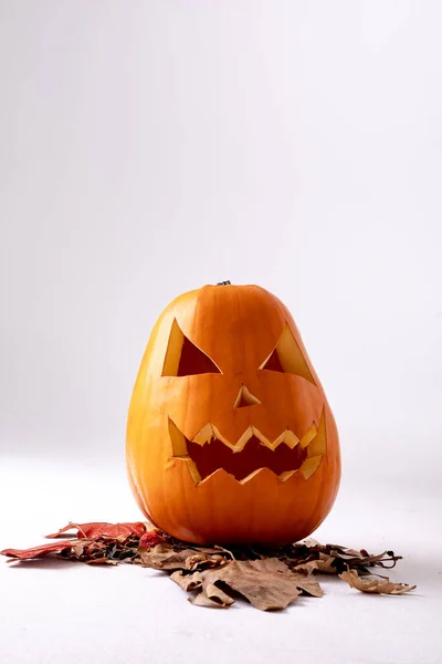 Skład Halloween Jack Latarni Liście Skopiować Miejsce Białym Tle Horror — Zdjęcie stockowe