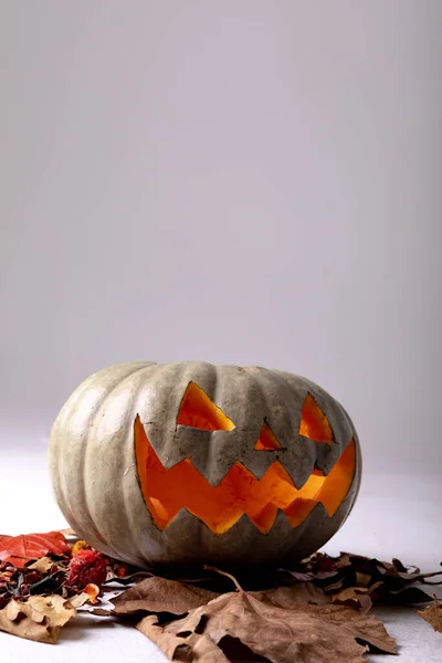 Σύνθεση Του Halloween Jack Lantern Φύλλα Και Αντιγραφή Χώρου Γκρι — Φωτογραφία Αρχείου