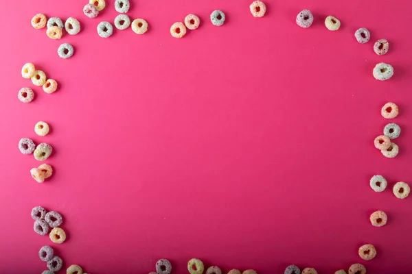 Diretamente Acima Tiro Anel Colorido Cereal Café Manhã Forma Fundo — Fotografia de Stock