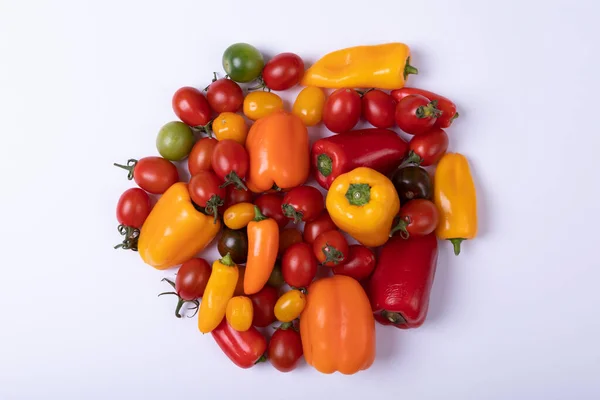 Overhead View Fresh Tomatoes Bell Peppers White Background Copy Space — Stock Photo, Image