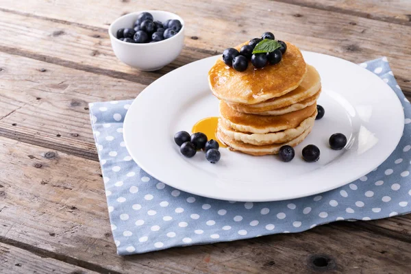 Blue Berries Syrup Herb Stacked Pancakes Plate Napkin Table Unaltered — Stock Photo, Image