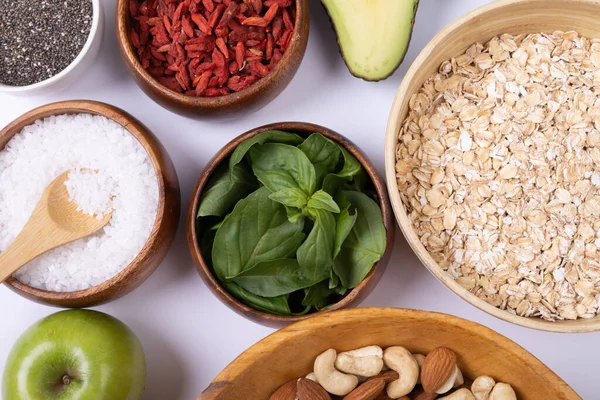 Volledig Frame Shot Van Verschillende Levensmiddelen Ingrediënten Witte Achtergrond Kopieer — Stockfoto