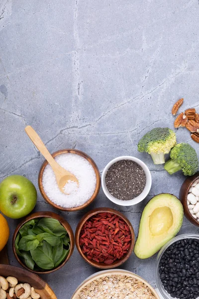 Diretamente Acima Tiro Vários Alimentos Ingrediente Mesa Espaço Cópia Inalterado — Fotografia de Stock