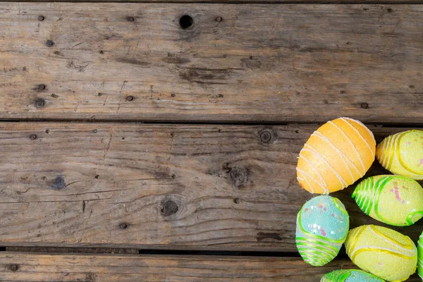 Overhead View Decorated Colorful Easter Eggs Wooden Table Empty Space — Stock Photo, Image