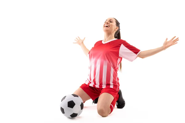 Caucasian Young Female Player Arms Outstretched Kneeling Soccer Ball White — Stock Photo, Image