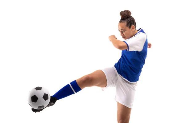 Full Length Biracial Young Female Soccer Player Kicking Soccer Ball — Stock Photo, Image