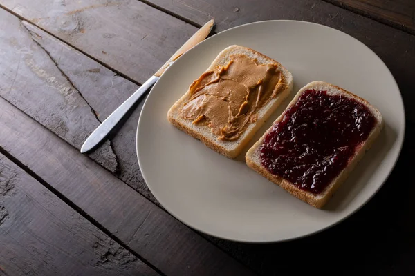 High Angle Close Preserves Peanut Butter Bread Slices Served Plate — Stock Photo, Image