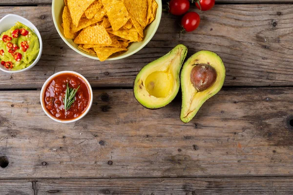 Vista Aérea Las Papas Fritas Nacho Tazón Con Salsas Verduras — Foto de Stock