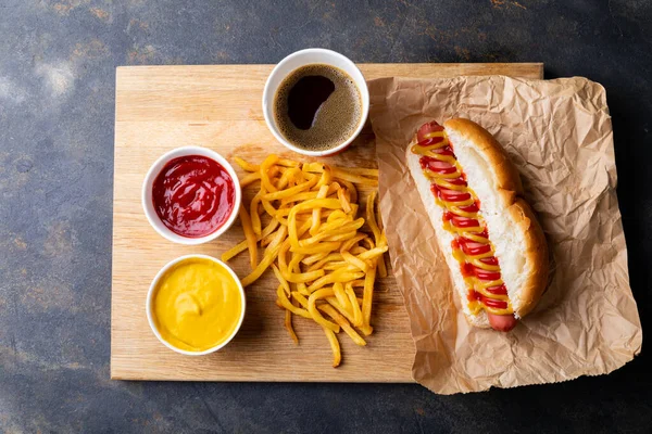 Overhead View Hot Dog Meal Served Serving Board Table Unaltered — Stock Photo, Image