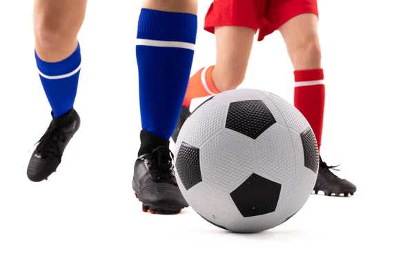 Low Section Young Female Players Playing Soccer White Background Unaltered — Stock Photo, Image