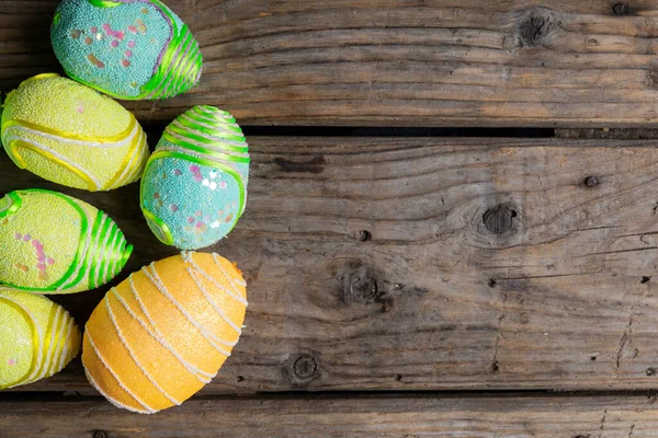 Close Decorated Colorful Easter Eggs Wooden Table Empty Space Unaltered — Stock Photo, Image