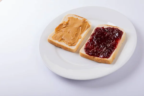 High Angle View Open Face Peanut Butter Jelly Sandwich Plate — Stock Photo, Image